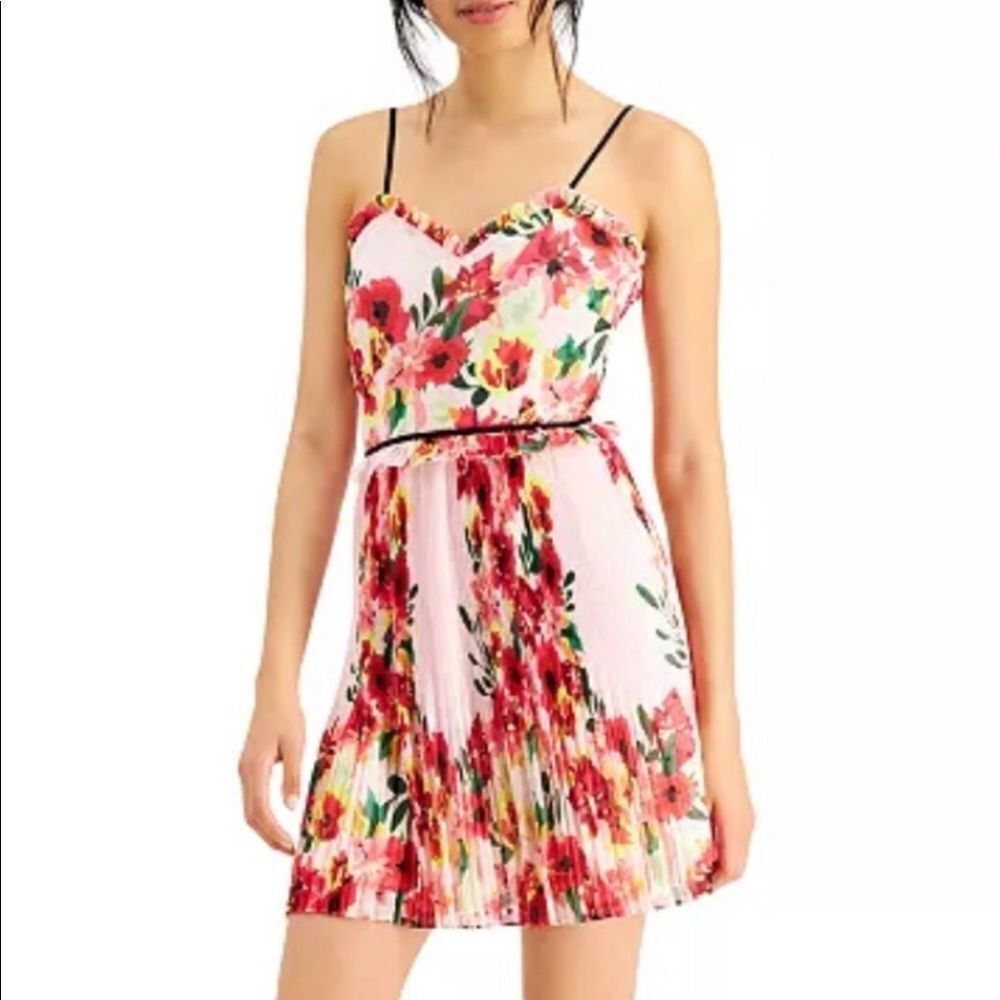 Foxiedox spaghetti strap floral belted  pleaded pink dress  size XS